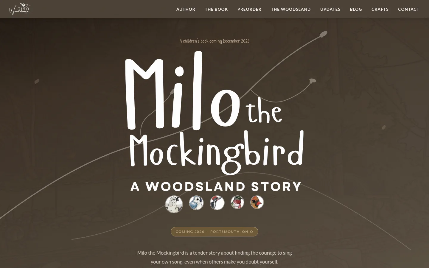 Woodsland and Co. home page with the illustrated Milo the Mockingbird hero